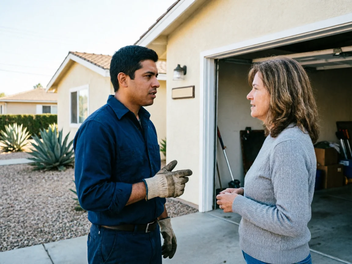 A technician in a blue uniform talks to a woman in a gray sweater.