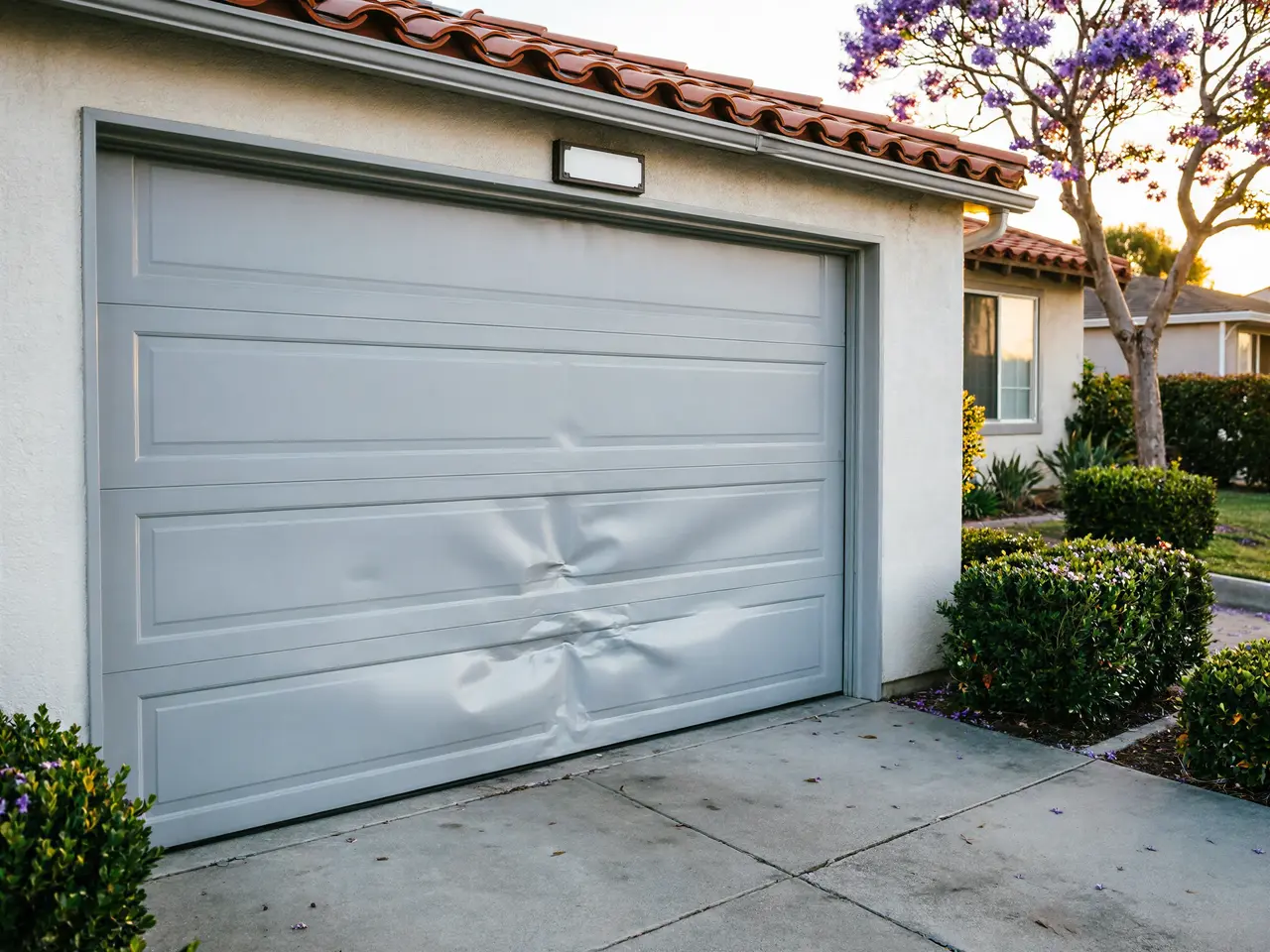 A light gray garage door has a large dent in the middle.