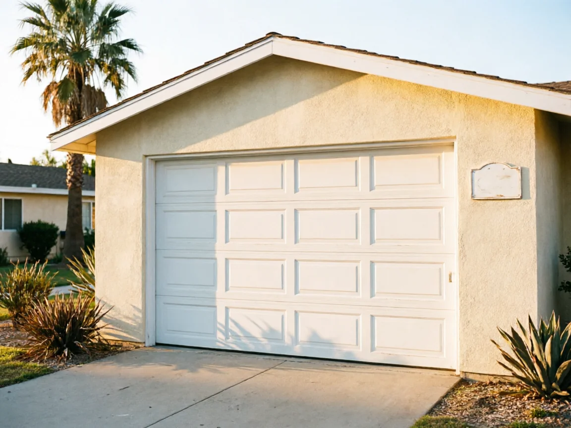 A white paneled garage door is on a cream-colored house with a palm tree.